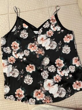 Calvin Klein Black Floral Satin Cami with Peach & White Blooms